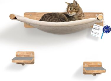 Стіна для лазіння для котів WOOWOOD, включаючи 2 котячі сходи масив дерева I Стіна-дряпка для котів I Гамак для котів I Стіна для котів I Настінна дряпка I Меблі для котів I Стіна для лазіння для котів з масиву дерева (3 частини)