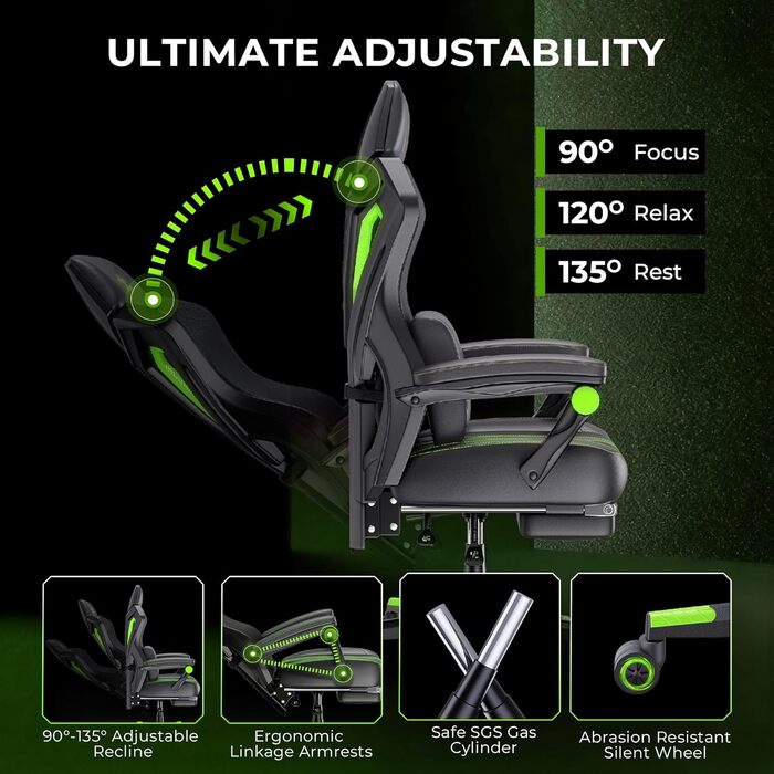 Ергономічне ігрове крісло Seenda GCP-25 з масажем офісне крісло з високою спинкою, кутом нахилу 135, з підставкою для ніг, з повітропроникною сітчастою тканиною та вантажопідйомністю 150 кг, безшумними колесами для використання на столі