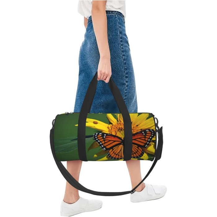 Спортивна сумка для подорожей, з принтом соняшників та метеликів, дорожня сумка на ніч, чорна, універсальний розмір