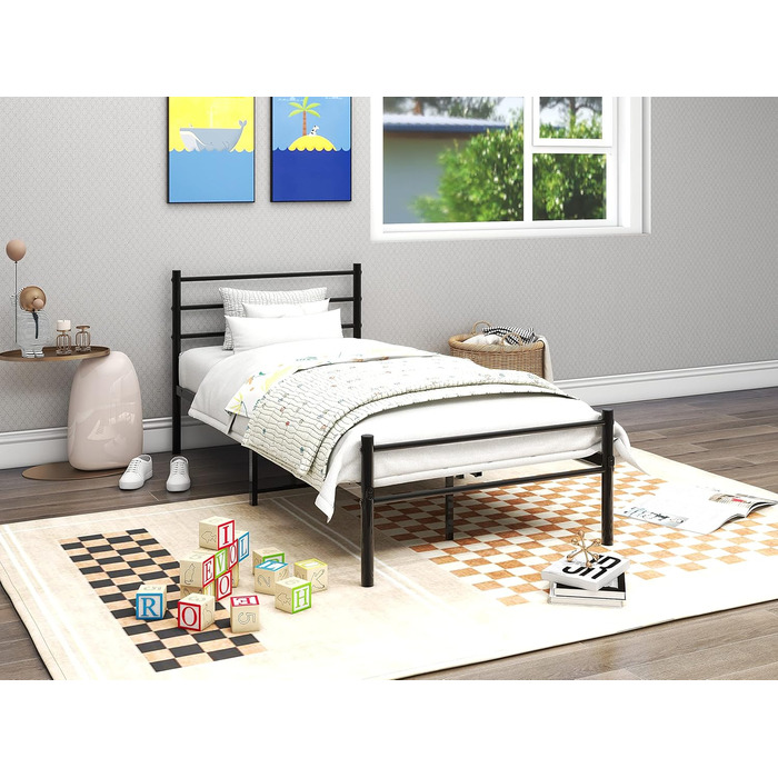 Металеве ліжко з рейковою основою, каркас ліжка, односпальне ліжко, чорний, 90x200 см, металеве ліжко 90 x 200 см, мінімалістичний каркас ліжка з узголів&39ям, гостьове ліжко з рейковою основою для спальні, гостьова кімната, чорний, 90 x 200 см