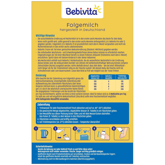 Молочна суміш Bebivita 2 для дітей віком від 6 місяців (4 x 500 г) з вітамінами C та D, Омега-3 (DHA), що насичує дитину відповідно до віку. Молочна суміш Bebivita 2 для дітей віком від 500 г (4 шт.)
