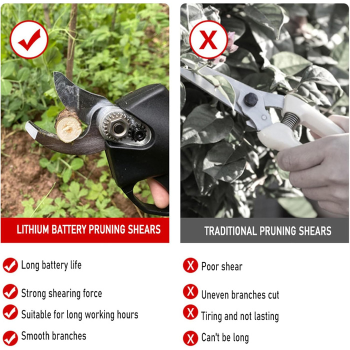 Електричні садові ножиці, бездротові, 25 мм, з 2 батареями (21 В), працюють від акумулятора, для садівництва, фруктових дерев та виноградників