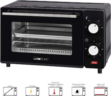 Міні-піч Clatronic 8 літрів для випічки 2 змінні висоти вставки 2 кварцові нагрівальні елементи Верхній і нижній нагрів 100 C - 230 C В т.ч. решітка для гриля, деко для випікання, щипці MB 3746 чорний