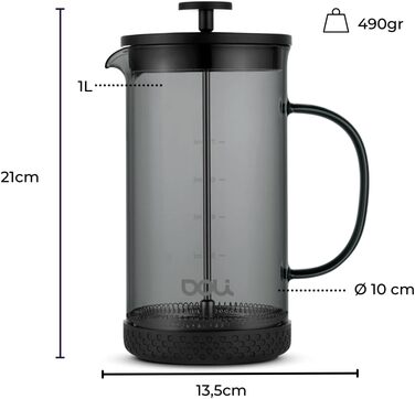 Скло френч-прес Doli 1 л, кавоварка на 1-6 чашок, тонкий фільтр з нержавіючої сталі для чистого аромату, вогнетривкий і безпечний для миття в посудомийній машині, в т.ч. дозуюча ложка (чорна)