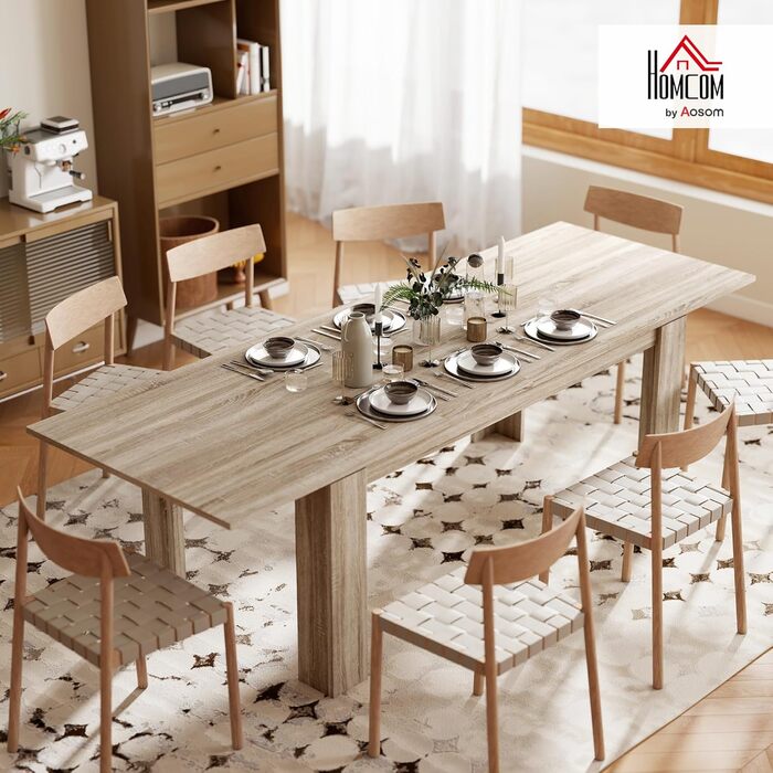 Розсувний обідній стіл HOMCOM 180-260 x 90 см, Кухонний стіл для 8-10 осіб, Сучасний обідній стіл, Дуб, Виготовлено в ЄС