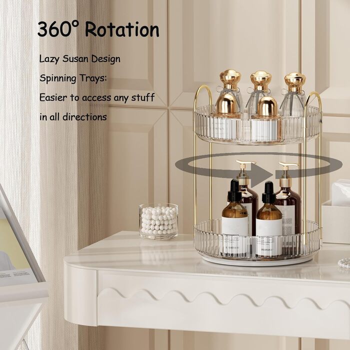 Органайзер для макіяжу, обертовий на 360 косметичний органайзер великої місткості, багатофункціональний косметичний органайзер для комода, туалетного столика, спальні, ванної кімнати, 2 шари, прозорий