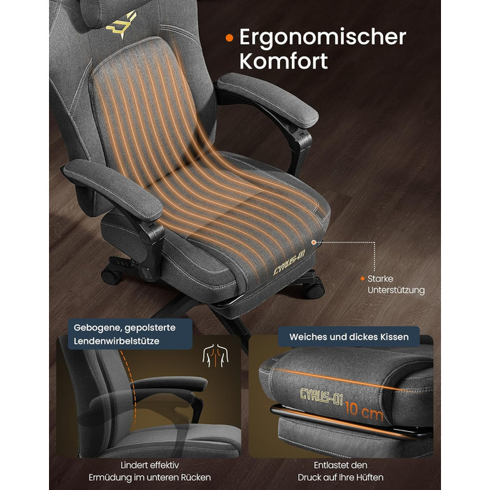 Ігрове крісло SONGMICS HOME, ергономічне комп&39ютерне крісло з підставкою для ніг, офісне крісло, обертове крісло з підголівником, суміш бавовни та льону, регульована висота, колір голубий сірий OBG072G01