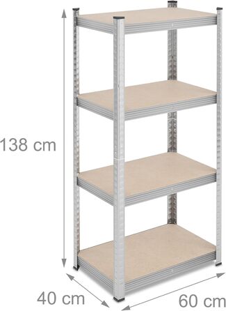 Міцний стелаж Relaxdays, ВxШxГ 138x60x40 см, 200 кг, сталь, 4 полиці, полиця для зберігання, для підвалу, гаража, підключається до мережі, сріблястий