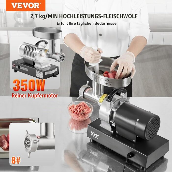 Професійна електрична м'ясорубка VEVOR для ковбас, 2,72 кг/хв, 350 Вт, промислова м'ясорубка з ножем та решіткою, багатофункціональна модель із нержавіючої сталі для кухні та ресторанів