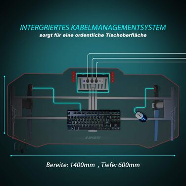 Ігровий стіл SONNI зі світлодіодним освітленням, площа поверхні 140 см/стіл для ПК/ігровий стіл, підтримує 2-3 монітори з килимком для миші, тримачем для напоїв та гачком для навушників, 140 x 60 см