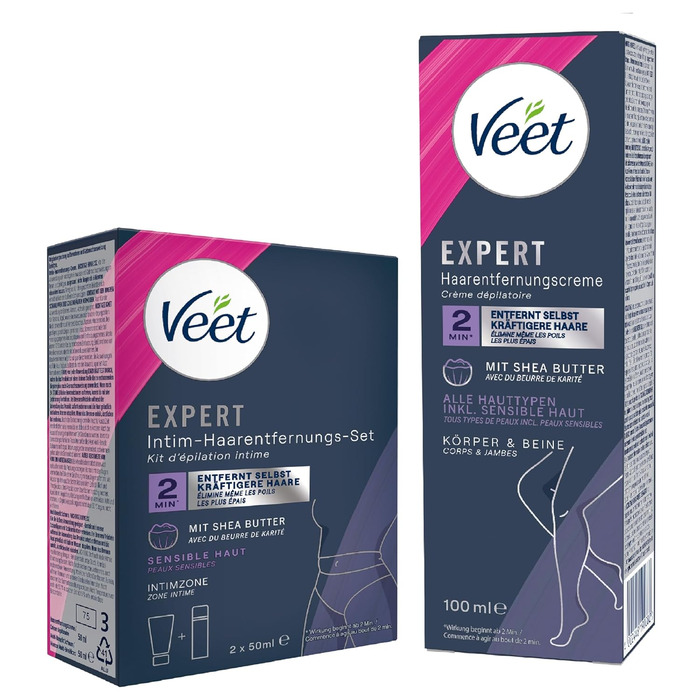 Набір для депіляції інтимної зони Veet Expert Intimate Hair Removal Cream для інтимної зони в т.ч. Multi-Benefit Foam - 2 x 50 мл Крем для видалення волосся для тіла та ніг 100 мл