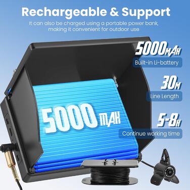 Ехолот з 4,3-дюймовим IPS-дисплеєм та підводною камерою, кабелем 30 м, акумулятором 5000 мАг, водонепроникністю IP65, нічним баченням з широким кутом огляду 220 для морської риболовлі, підлідної риболовлі, річкової риболовлі та риболовлі на озері.