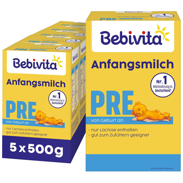 Молочна суміш для немовлят Bebivita PRE (5 x 500 г), з народження, містить лише лактозу як вуглевод, підходить для прикорму 500 г (5 упаковок)