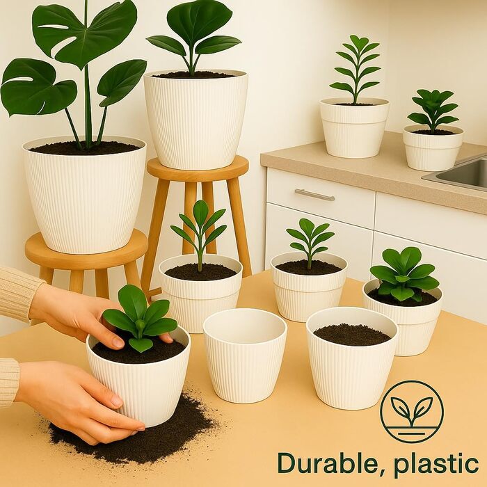 Прикраси для дому та саду, кашпо та квітковий горщик, набір з 3 шт. , виготовлені з пластику, без дренажних отворів, горщик у смугастий візерунок для кімнатних рослин (кремовий, 18 см) Ø 18 см (7,08 дюйма) Кремовий