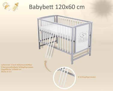 Дитяче ліжечко Baby Delux 60x120 біло-сіре з матрацом ведмежий мотив з перекладинами