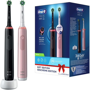 Електрична зубна щітка Oral-B Pro 3 3900, 2 шт. и, з 2 акумуляторними ручками, технологія Braun, 2 змінні головки, видимий датчик тиску, рожевий/чорний