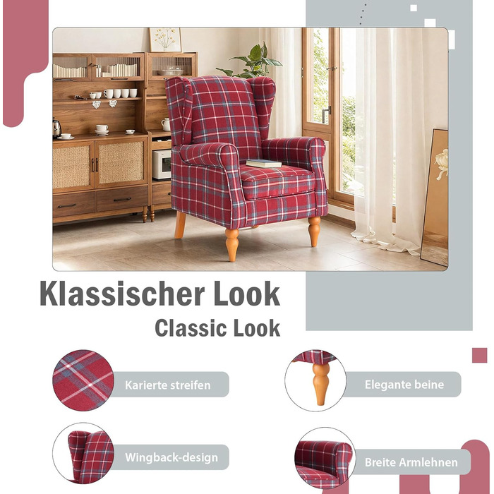 Крісло з відкидною спинкою, вінтажне крісло з дерев&39яними ніжками, м&39яке крісло-реклайнер, крісло для вітальні, спальні, лляне (червоне)