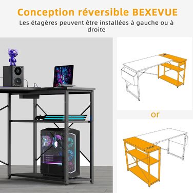 Г-подібний стіл BEXEVUE ігровий стіл 120x70 см з відділеннями для зберігання, двосторонній кутовий стіл для ПК, комп&39ютерний стіл, кутовий ігровий стіл для навчання, роботи, дому, спальні, чорний 120 x 70 см