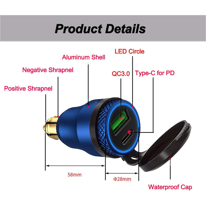 Алюмінієвий 30-ватний зарядний пристрій з DIN-роз'ємом живлення для типу C та швидкої зарядки USB 3.0 Мотоцикл DIN адаптер водонеп