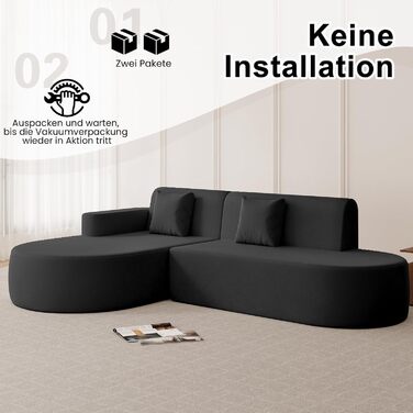 Кутовий диван AVAWING, кутовий диван з чистого пінопласту, без необхідності встановлення, L-подібний диван для вітальні, чорний з підлокітником ліворуч