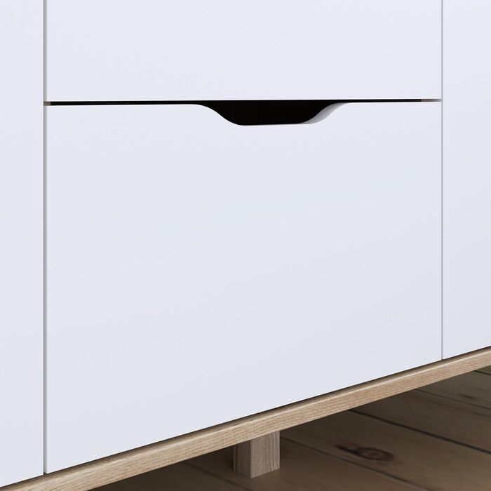 Гардероб Forte VANKKA 230, шафа в скандинавському стилі з 5 дверима на петлях та 2 шухлядами, витончені меблеві ніжки, інженерна деревина, декор дубовими дошками Білий, 228,8 см завширшки x 201,5 см заввишки x 52,7 см завглибшки. Біло-дубова 5-дверна шафа