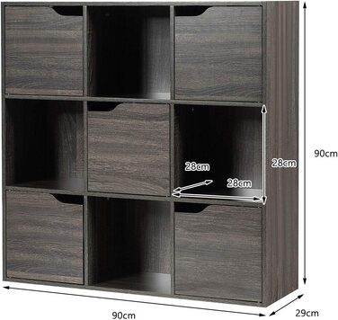 Книжкова шафа COSTWAY з 5 дверцятами та 9 відділеннями, окремостояча полиця, офісна полиця, полиця для зберігання речей для вітальні, спальні, 90 x 29 x 90 см, сірий