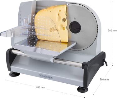Металева харчова нарізка HEINRICHS, електрична хліборізка, нарізка ковбаси, круглий ніж з нержавіючої сталі (Ø19см), плавне регулювання товщини різання, інтегр. Запобіжний замок, 200 Вт Heinrich