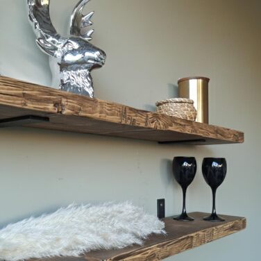 Антикварна настінна полиця з масиву дерева полиця у вінтажному стилі зістареного вигляду плаваюча або зі сталевими кронштейнами кухня, вітальня, тераса (100 см)