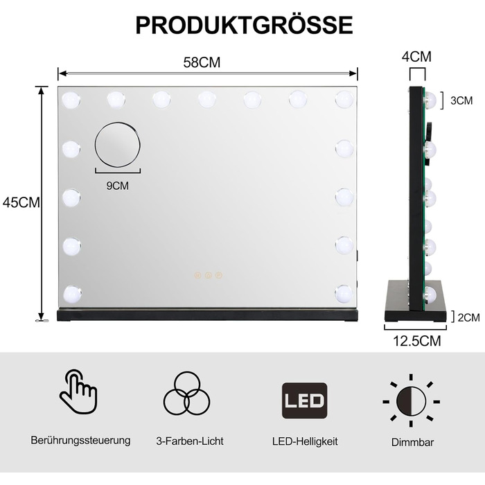 Дзеркало для макіяжу eklipt з підсвічуванням 58x45см, 15 світлодіодів з регулюванням яскравості, велике голлівудське дзеркало з підсвічуванням, 3 колірні температури світла, сенсорне управління настільне або настінне кріплення 15led, 58x12x45см, чорне