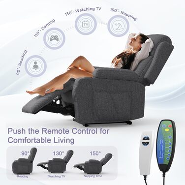 Крісло для телевізора з розкладним підйомником, масажне крісло з електрорегулюванням та функцією підігріву, функція відкидання, 2 підстаканники, 4 бічні кишені, порти типу C та USB, крісло для телевізора з підставкою для ніг, вітальня, темно-сірий