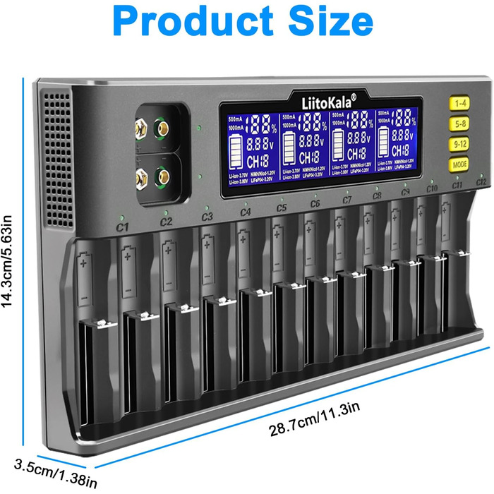 Сумісний з Li-ion 26650/22650/18650/18490/18350/17670/17500/17355/16340/14500/10440/AASA тощо AA/SC NI-MH та NiCdA, AA, AAA, SC., 12 Ladegert