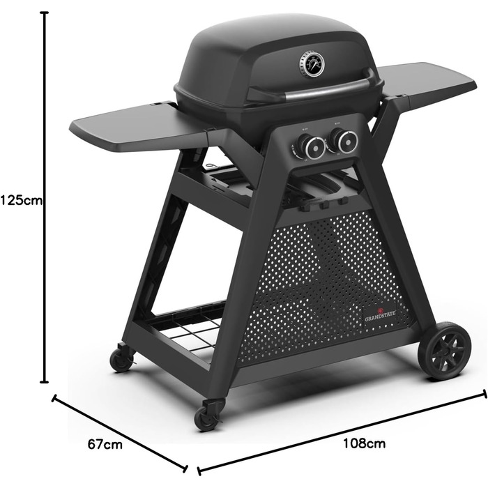 Конфорочний газовий мангал GRANDSTATE BLACK KITE 200 з візком для барбекю, піддоном для збору жиру, потужною подвійною конфоркою,