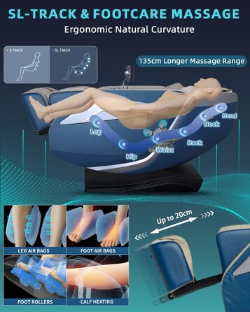 Масажне крісло RelaxRelife для всього тіла з нульовою гравітацією Body Scan 4D Intelligent Shiatsu Massage, обігрів спини/ног із AI Voice Control Bluetooth Speaker SL Track Massage Blue