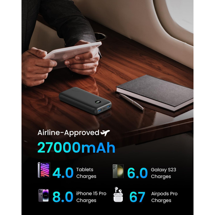 Зовнішня батарея SOARAISE 22,5W PD 3.0 QC 4.0 Power Bank зі світлодіодним дисплеєм USB-C, вхід і вихід, портативний зарядний пристрій для iPhone, планшетів Samsung, 27000mAh