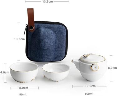 Набір для чаювання RORA в дорозі керамічний чайник ручної роботи в стилі Кунфу, портативний набір Все в одному (1 чайник, 2 чашки) для подорожей, офісу та дому (білий)