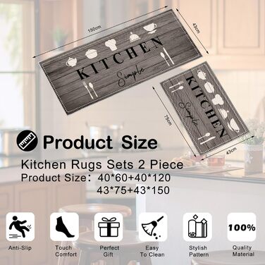 Кухонні килимки, нековзні кухонні килимки, 2 шт., килимок для підлоги, що миється, комплект кухонних килимків з розсувними наклейками, зручний, легкий у догляді, пилонепроникний килимок для кухні (Kitchenware-B, 40x6040x120 см) 40 x 120 см (прямокутний) K