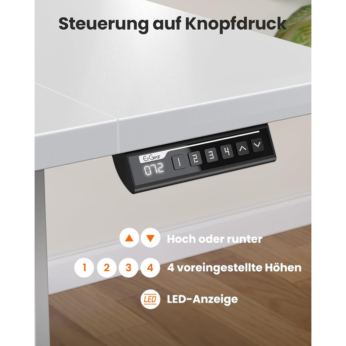 Стіл ErGear з регульованою висотою 120 x 60 см, Електричний стіл з регулюванням висоти з шухлядою та 4 смарт-панелями з функцією пам&39яті, Т-подібна конструкція ніжок для стійкості, Багатосекційна стільниця 120 x 60 см, білий колір шухляда