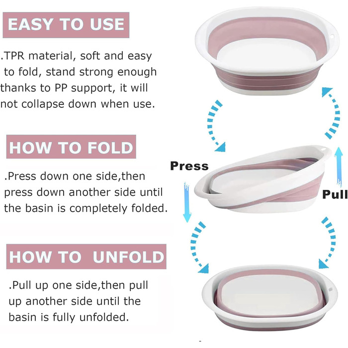 Складана мийка для миття посуду, 9 л, портативна мийка, силіконовий пластиковий кошик, багатоцільова мийка для подорожей на природі, кемпінгова мийка, компактна, складана, рожевий S, M, синій білий