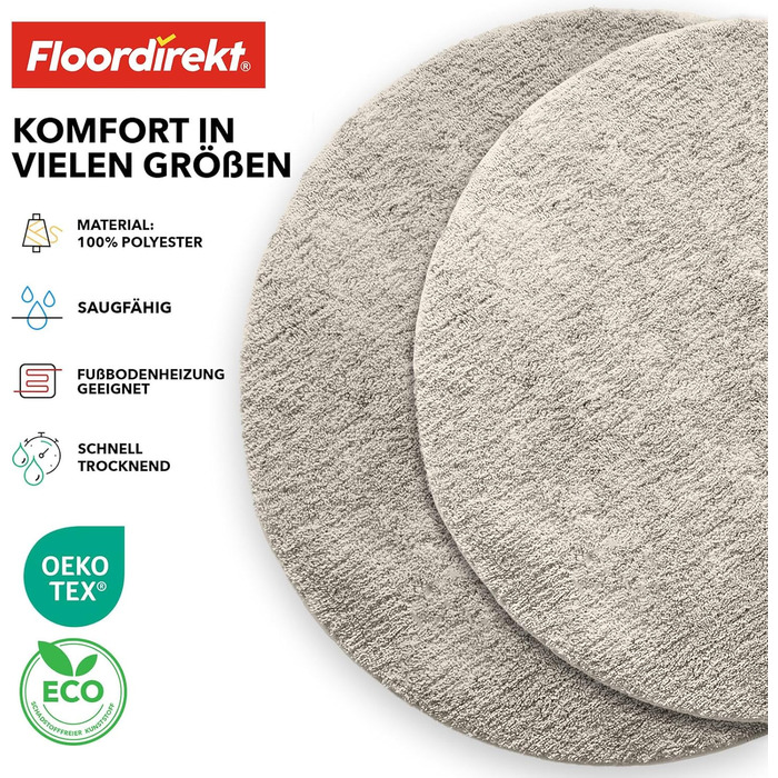 Килимок для ванної Floordirekt Sky, круглий килимок для ванної, щільний, пухнастий комфорт для вашого дому, нековзний килимок для ванної, що миється, протестований на шкідливі речовини (слонова кістка, 95 см (круглий))