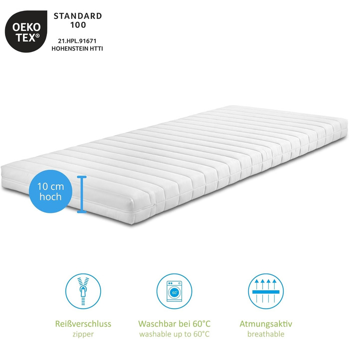 Матрац Bodyprotect Comfort Line з холодної піни 90x190 см, ортопедичний матрац, рівень жорсткості H2 (від м&39якої до середньої жорсткості), сертифікований Oeko-Tex, ергономічний матрац з піни, висота 10 см, виготовлено в ЄС, 90 x 190 см, рівень жорсткост