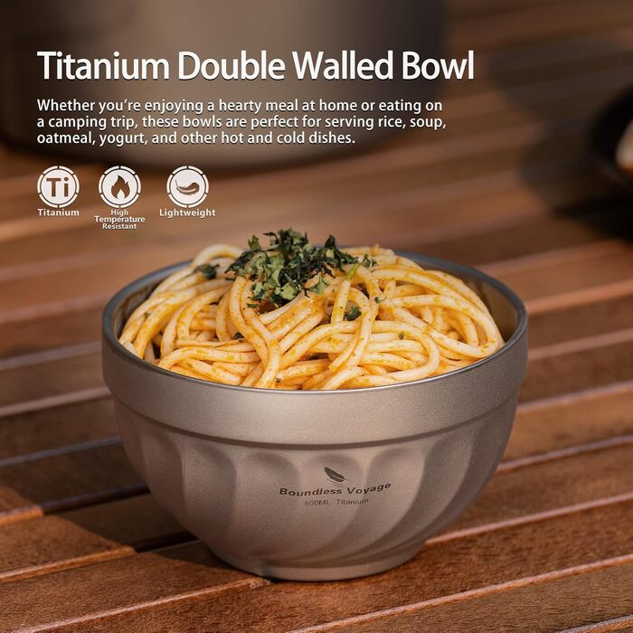 Двостінні титанові миски 500 мл вівсянка, рис, суп, миска, надлегка портативна посуд для кемпінгу на свіжому повітрі (титановий колір) Ti1168T 500 мл Ti1168t