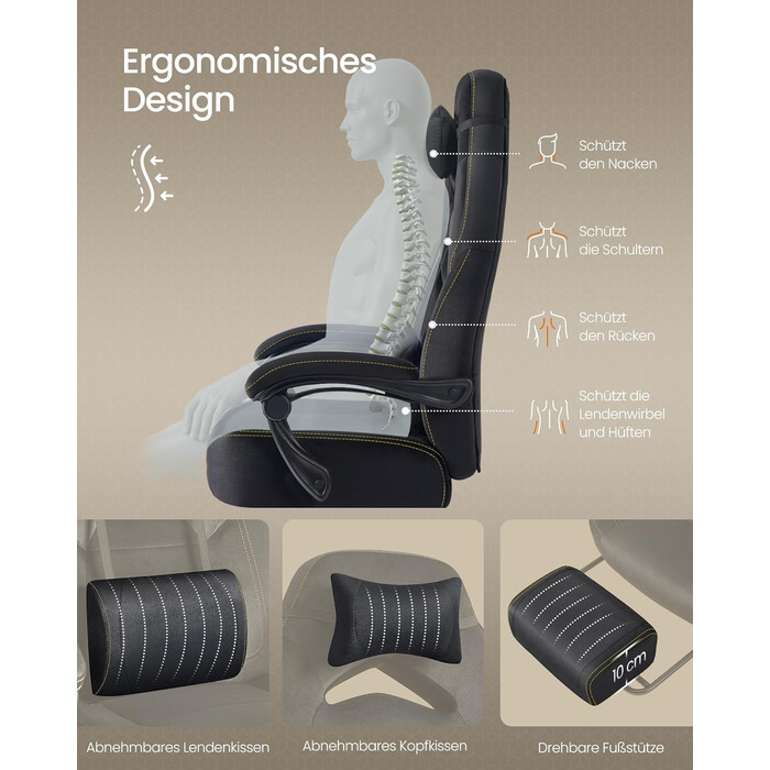 Ігрове крісло SONGMICS, офісне крісло, комп&39ютерне крісло, ергономічний дизайн, з підставкою для ніг, регульований підголівник, поперекова опора, вантажопідйомність 150 кг, чорний колір OBG077B08, оксамитова тканина чорного кольору