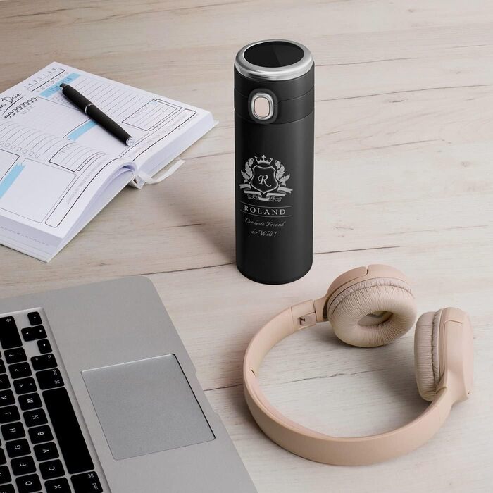 Пляшка для води Maverton з гравіюванням 400 мл - Герметична 100 водонепроникна термокружка - Сенсорний світлодіодний дисплей - Термос з нержавіючої сталі - Для чоловіків - Подарунки на день народження - Різдвяні подарунки - Чорна - Літера