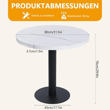 Круглий обідній стіл Mingone 80 см, кухонний стіл білого кольору з мармуровим ефектом - стільниця з МДФ та металевий каркас - для кухні, їдальні, балкону, вітальні. Круглий обідній стіл 80 см білого кольору.