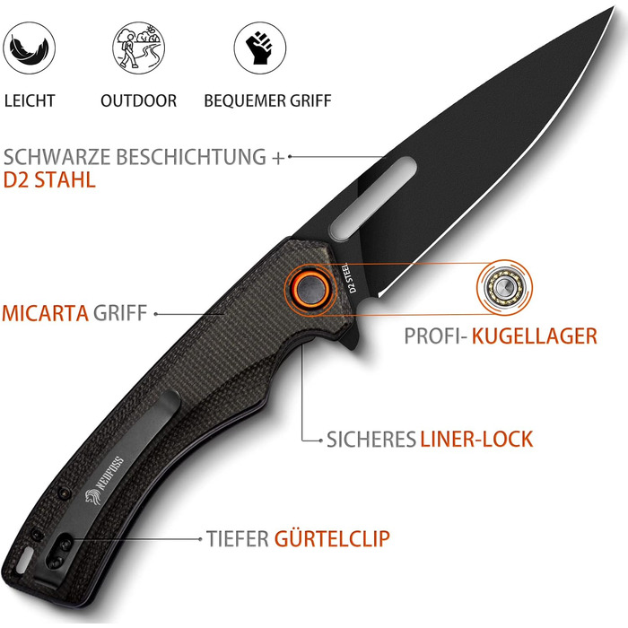 Складаний ніж NedFoss MAMBA, одноручний ніж зі сталі 9CM D2 з рукояткою Micarta, кишеньковий ніж з лайнерним замком та шарикопідши