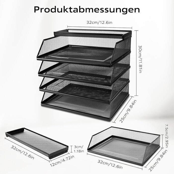 Штабелювані лотки для документів 5-ярусний лоток для листів великої місткості (32 x 25 x 30 см), підходить для зберігання офісного приладдя та документів (чорний колір)
