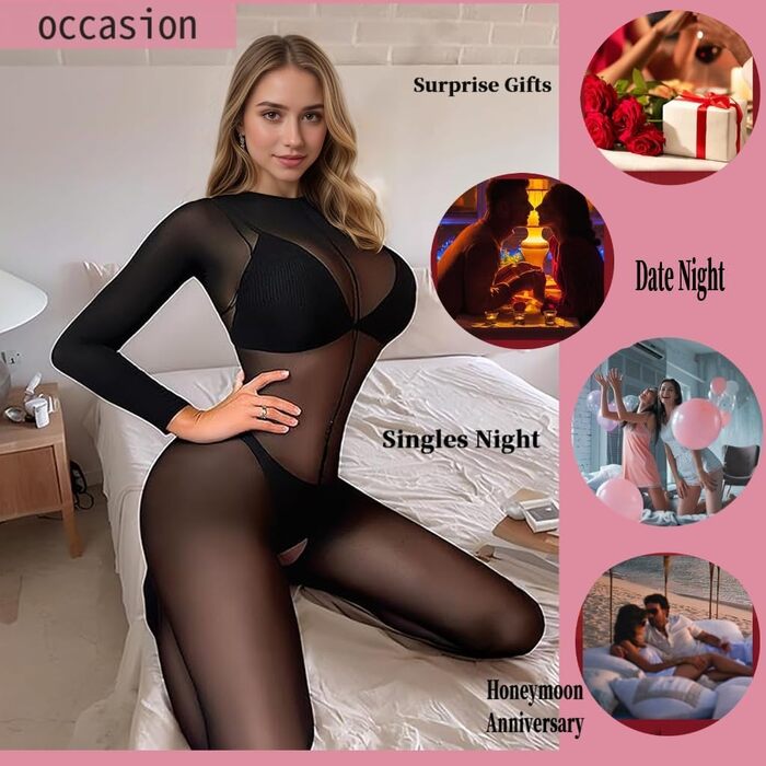 Сексуальний жіночий бодістокінг V-Ting, чорний, довгі рукави, з відкритим доступом в інтимній зоні