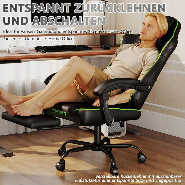 Ергономічне ігрове крісло, офісне крісло з підставкою для ніг, регульоване по висоті та нахилу, надзвичайно широке сидіння (51 см), ергономічна поперекова опора, вантажопідйомність до 150 кг, зелений колір