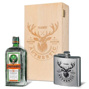 Подарунковий набір із гравіюванням для термосів - Термос з нержавіючої сталі 150 мл з гравіюванням - Включає пляшку Jgermeister 350 мл та гравіровану дерев&39яну коробку - Подарунок на День батька для тата - Колір Олень