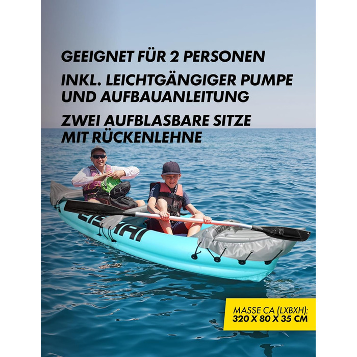 Надувний каяк Flow для 2 осіб міцний ПВХ-матеріал, включає два весла, насос, ремкомплект та інструкцію зі складання ідеально підходить для озер та річок, синього кольору